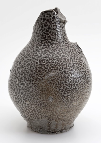 Stoneware jug, gray and brown speckled glazed, convex model on stand, jug soil find ceramic stoneware glaze salt glaze, surface