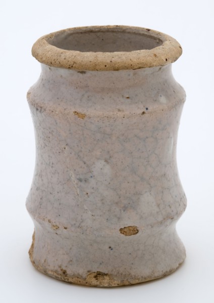 Pottery ointment jar, lightly tapered with three necking, white pink glazed, ointment jar pot holder soil find ceramic