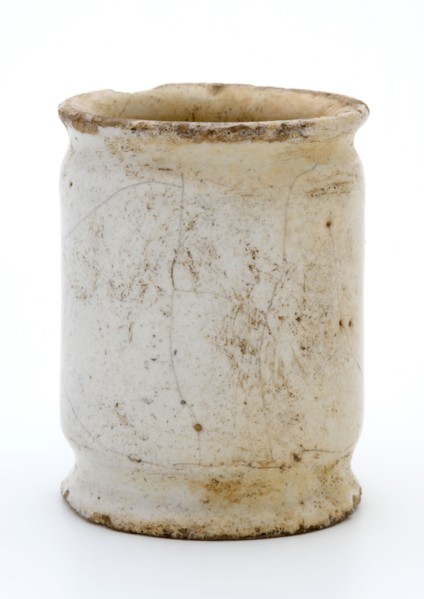 Pottery ointment jar, cylindrical, two shallow constrictions, white glazed, ointment jar pot holder soil finds ceramic