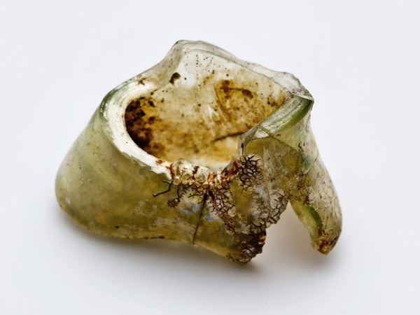 Two neck fragments of bottle, green and blue glass, bottle holder soil find glass, free blown Neck fragments of bottles