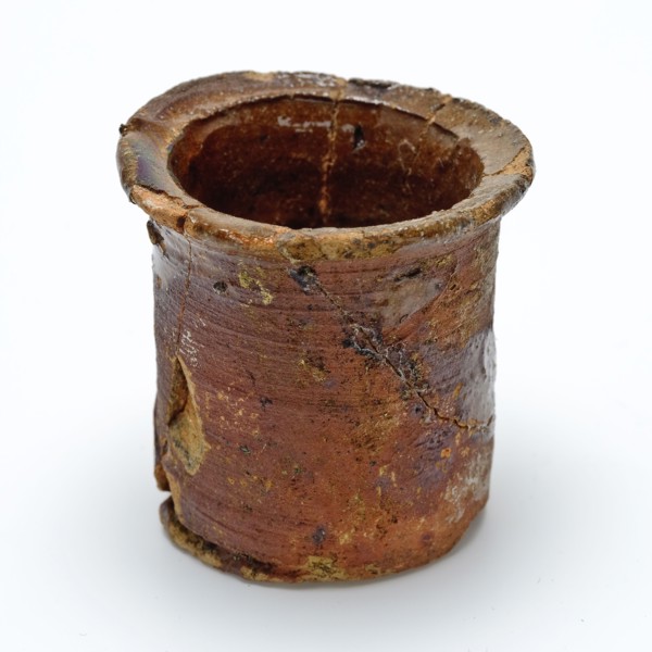 Pottery ointment jar, cylindrical with slightly curved edge, ointment jar pot holder soil find ceramic earthenware glaze lead