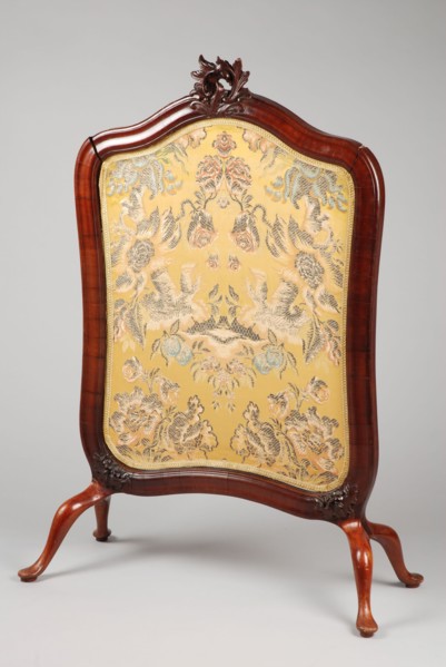 Extendable rococo fire screen, fire shield fire screen furniture wood mahogany silk silver, Mahogonefinated with woven pattern