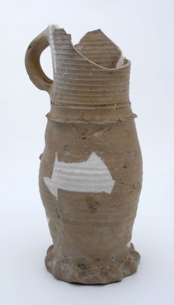 Fragment stoneware jug on pinched foot with slightly curved body and cylindrical neck, jug jug crockery holder fragment soil