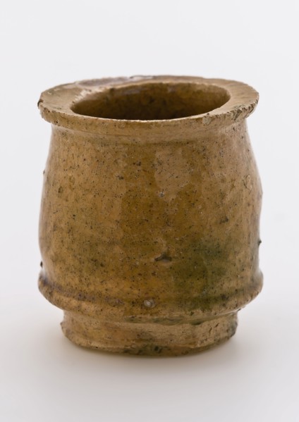 Pottery ointment jar, belly model, white shard, yellow glazed, ointment jar holder soil found ceramic earthenware glaze lead