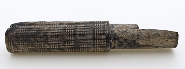Fragment of wooden case, decorated with fine turns, tube needle case sewing kit holder soil find wood, sawn turned Fragment