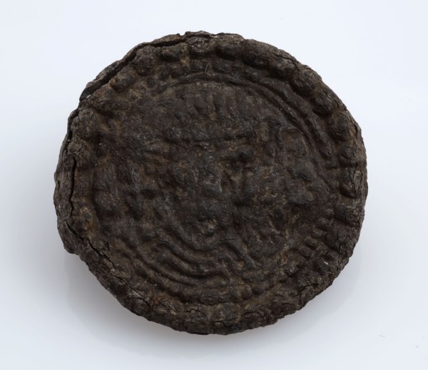 Fibula or mantle pin, disc fibula with portrait and edge lettering, fibula fastener soil find bronze tin metal, cast struck