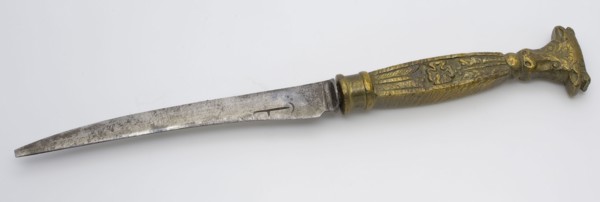 Iron blade with bronze handle, ending with cow's head, knife cutlery soil find iron bronze metal, forged cast Iron knife