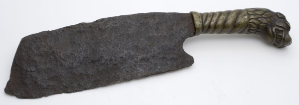 Iron chopper or kitchen knife with bronze handle, ending with lion's head, knife cutlery kitchenware soil find iron bronze metal