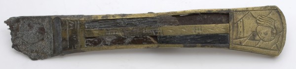 Fragment iron knife, brass handle, inlaid with dark wood, engraved woman, knife cutlery soil find iron bronze brass metal ebony