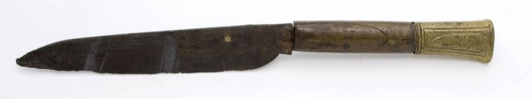 Iron blade with legs and brass handle with engraved saints, knife cutlery soil find iron copper brass metal leg, w 1.5 forged