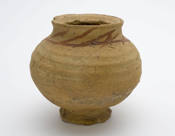 Pingsdorf ball pot on small foot, brown-yellow with streaks of denim paint, ball pot kitchenware earthenware ceramics pottery