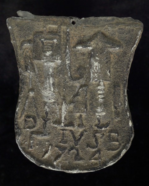 IVSB, Roof bonnet, shield-shaped cover plate with initials IVSB, 1724 and guide tool, lead hallmark lead metal, Roof lead shield