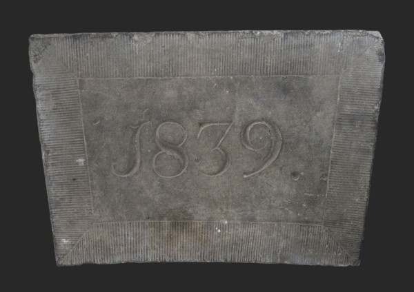 Facing brick with date 1839, facing brick foundation stone building component slate stone, chopped Rectangular from top