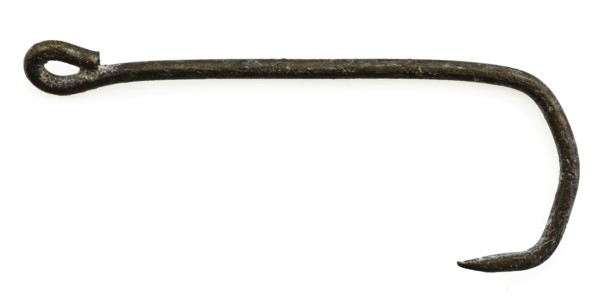 Metal fishing hook, bent loop as fastening eye, short point, fishhook Soil discovery copper brass tin metal, drawn Metal fishing