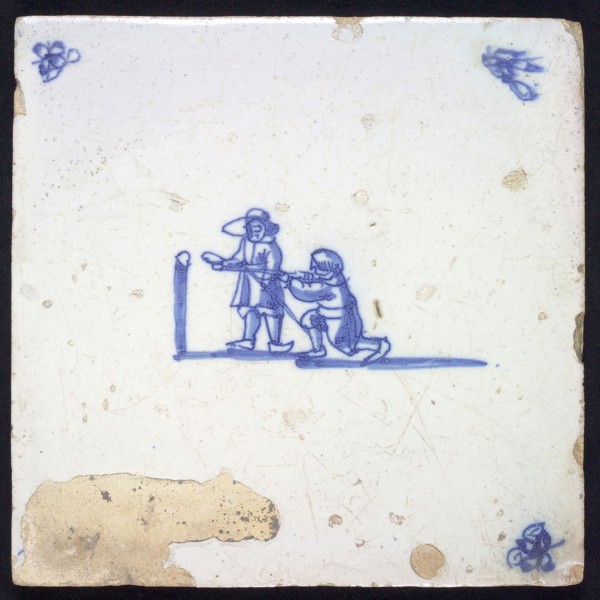 Scene tile, double child's play, blowpipes, corner motif spider, wall tile tile sculpture ceramic earthenware glaze tin glaze
