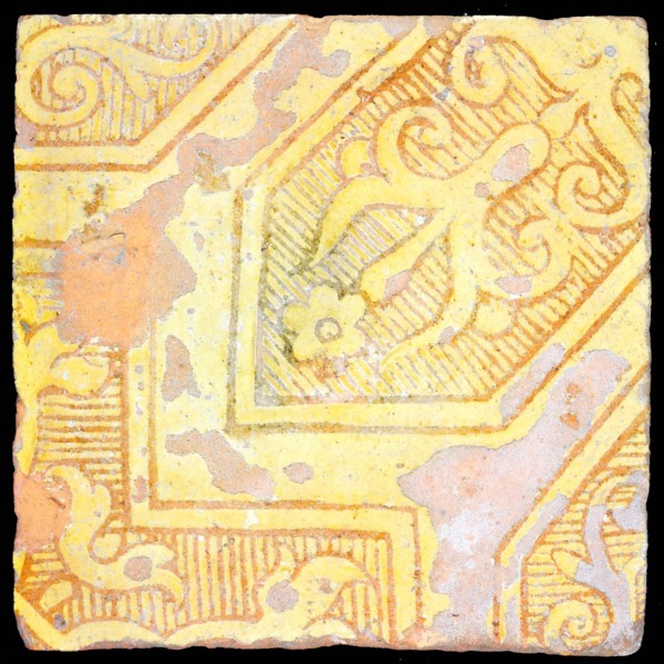 Earthenware tile with continuous decor in sludge technology, sheet scrolls in diagonal frames, tile floor tile tile sculpture