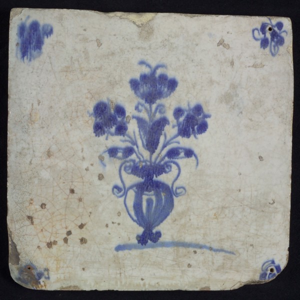 Tile, flower vase, blue decor white fond, corner filling spider, wall tile tile sculpture ceramic earthenware glaze tin glaze