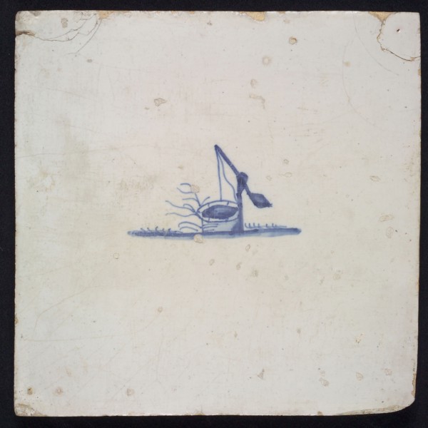 Landscape tile with well, blue decor on white ground, no corner filling, wall tile tile sculpture ceramic earthenware enamel