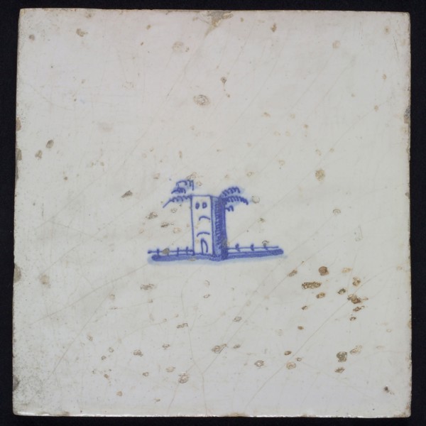 Landscape tile with tower, blue decor on white ground, no corner fill, wall tile tile sculpture ceramic earthenware enamel