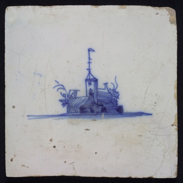 Landscape tile with village and church tower, blue decor on white ground, no corner filling, wall tile tile sculpture ceramic