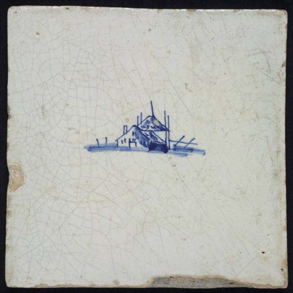 Landscape tile with farmhouse, blue decor on white ground, no corner filling, wall tile tile sculpture ceramic earthenware