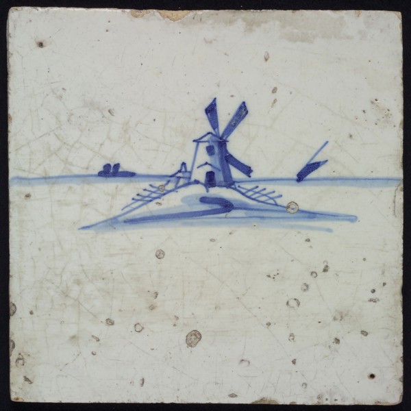 Landscape tile with windmill on mound, blue decor on white ground, no corner filling, wall tile tile sculpture ceramics