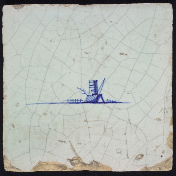 Landscape tile with house and tower or staff, blue decor on white ground, no corner padding, wall tile tile sculpture ceramic