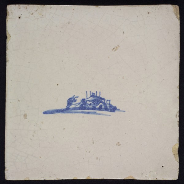 Landscape tile with farmhouse, blue decor on white ground, no corner filling, wall tile tile sculpture ceramic earthenware