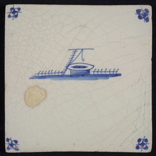 Scene tile, well, blue decor on white ground, corner fill spider, wall tile tile sculpture ceramic earthenware glaze tin glazing