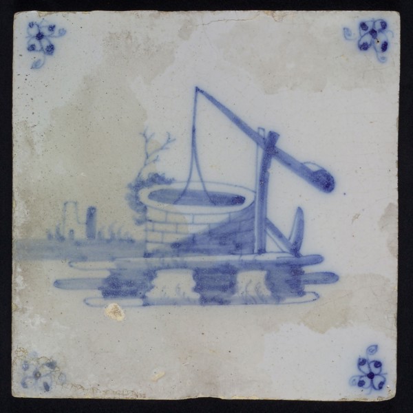 Scene tile, well, blue decor on white ground, corner fill spider, wall tile tile sculpture ceramic earthenware enamel tinglage