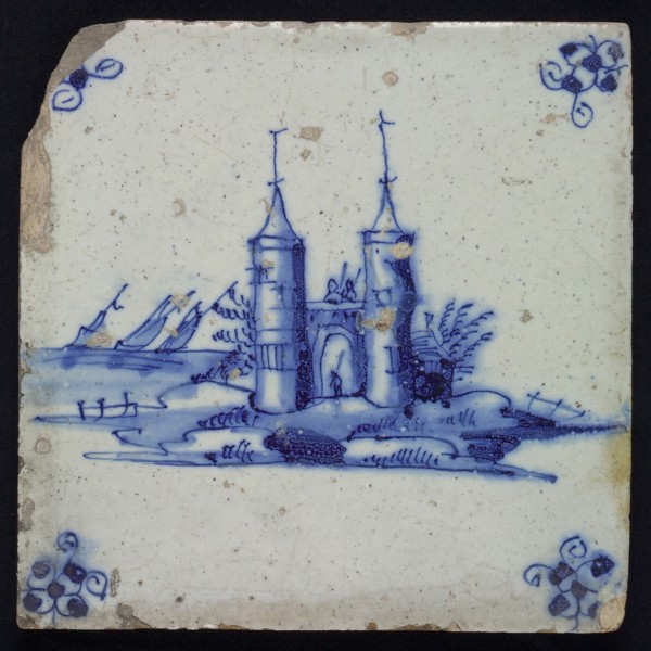 Scene tile, castle or city gate with two towers, blue decor on white ground, corner filling spider, wall tile tile sculpture