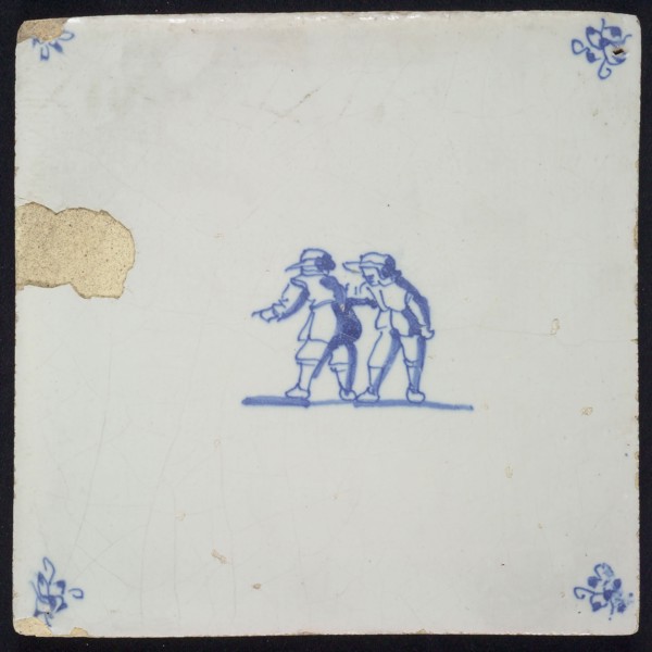 Scene tile, double child's play, fight, corner fill spider, wall tile tile sculpture ceramic earthenware glaze tin glaze