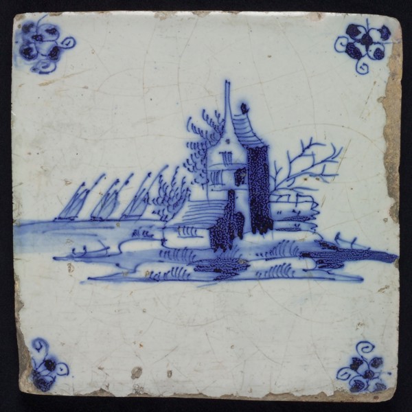 Scene tile, landscape tile with house, blue decor on white ground, corner fill spider, wall tile tile sculpture ceramic