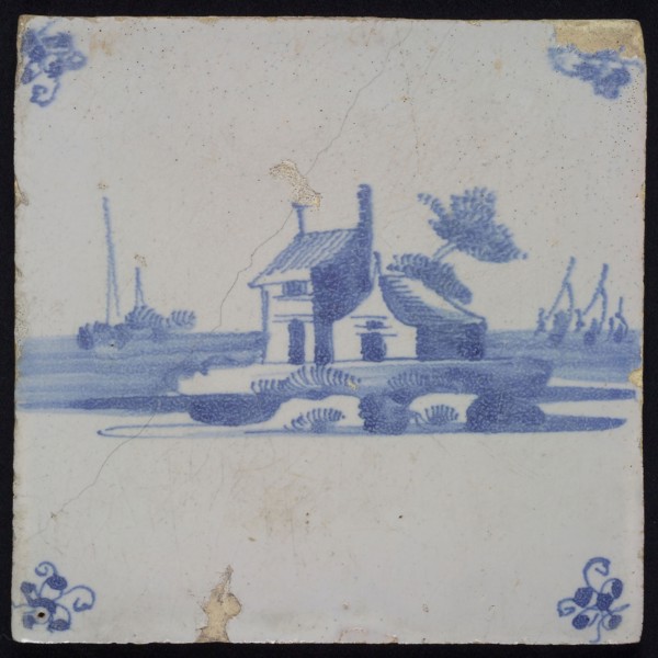 Scene tile, landscape tile with house, blue decor on white ground, corner fill spider, wall tile tile sculpture ceramic