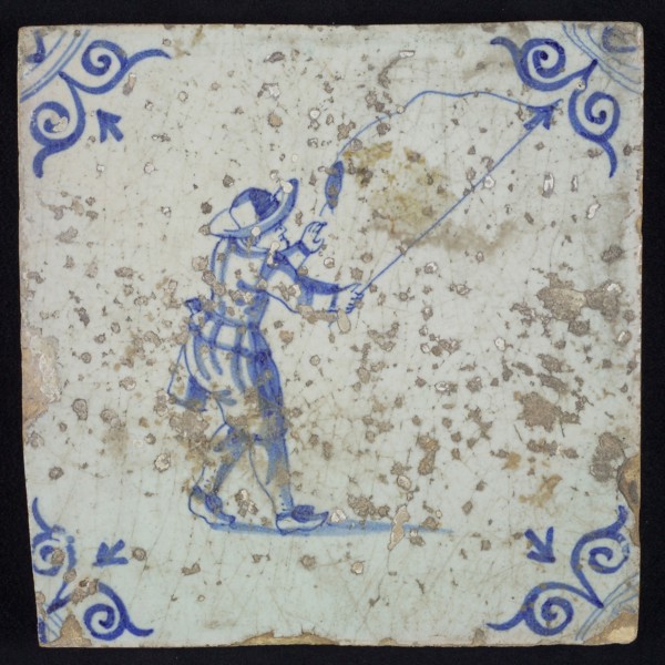 Scene tile, child's play, kite flying? corner filling ossenkop, wall tile tile sculpture ceramic earthenware enamel tinglage, in