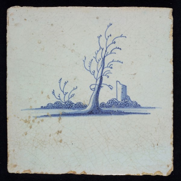 DD, Scene tile, landscape with leafless tree, blue decor on white ground, without corner filling, marked, wall tile