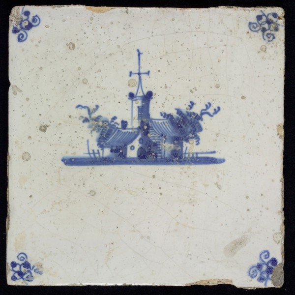 PP, Scene tile, landscape with village, blue decor on white ground, corner fill spider, marked, wall tile tile sculpture ceramic