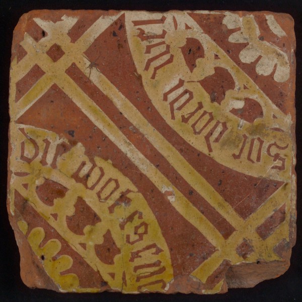 Scripture tile, floor tile, brown and white, diagonal two white lines, in each half quarter circle, gothic leaves, wide white