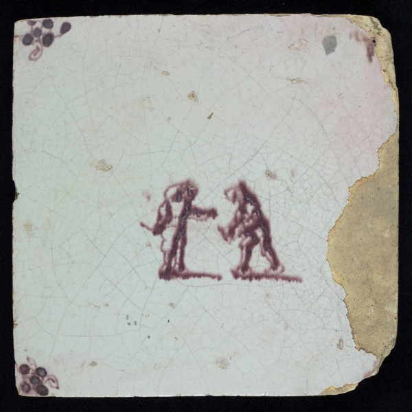 Scene tile, double child's play, tipping, corner motif spider, wall tile tile sculpture ceramics pottery glaze tin glaze