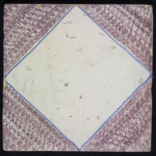 Ornament tile with blank squared and dotted decor, blue frame, purple on white background, wall tile tile sculpture ceramic