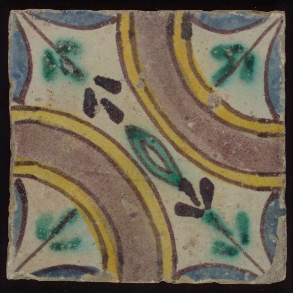 Ornament tile, multicolored floor tile in blue, green, yellow, purple on white background, around two corners large purple