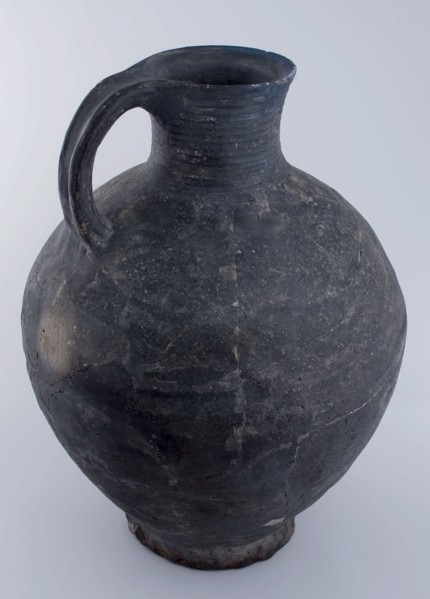 Large dark gray jug on slightly pinched stand ring, tableware holder earthenware ceramic pottery, hand-turned baked Large dark