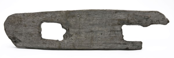 Oak construction fragment, with rounded ends and with two rectangular holes, building component soil found oak wood, w 5.0 cut