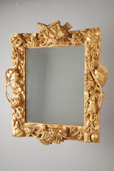 Gilded lime wood mirror in frame with cut toilet attributes, interior mirror glass glass linden wood gold leaf plywood wood