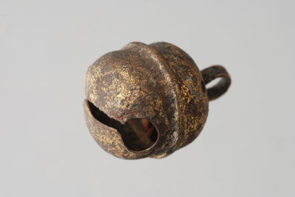 Brass bell, bubble soil find brass metal, shaped soldered Small round bell with suspension eye from strip metal the bell made