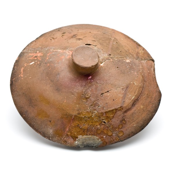 Earthenware lid with knob as handle, red shard, bevelled edge, lid closure bottomfound ceramic pottery, handdrawn frying lid Red