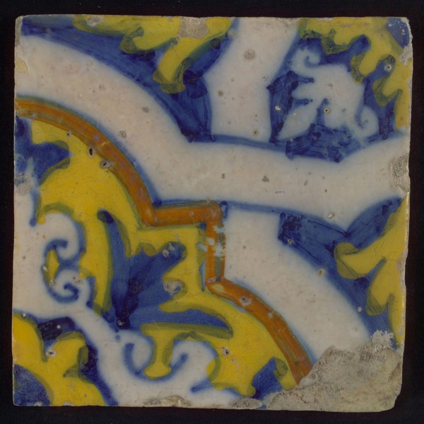 Ornament tile, diagonally across the tile white braid band motif, corner motif quarter rosette, wall tile tile sculpture ceramic