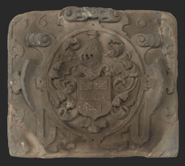 Facing brick with coat of arms Johan van der Veeken 1609, facing sculpture sculpture material building component sandstone stone