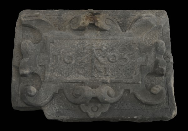 Facing brick with date 1605 and private label Claes Jansz in cartouche, facing brick foundation stone sculpture sculpture