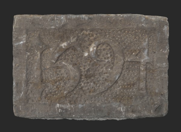 Facing brick with date 1594, facing brick foundation stone building component sandstone stone, minced Rectangular frame and year